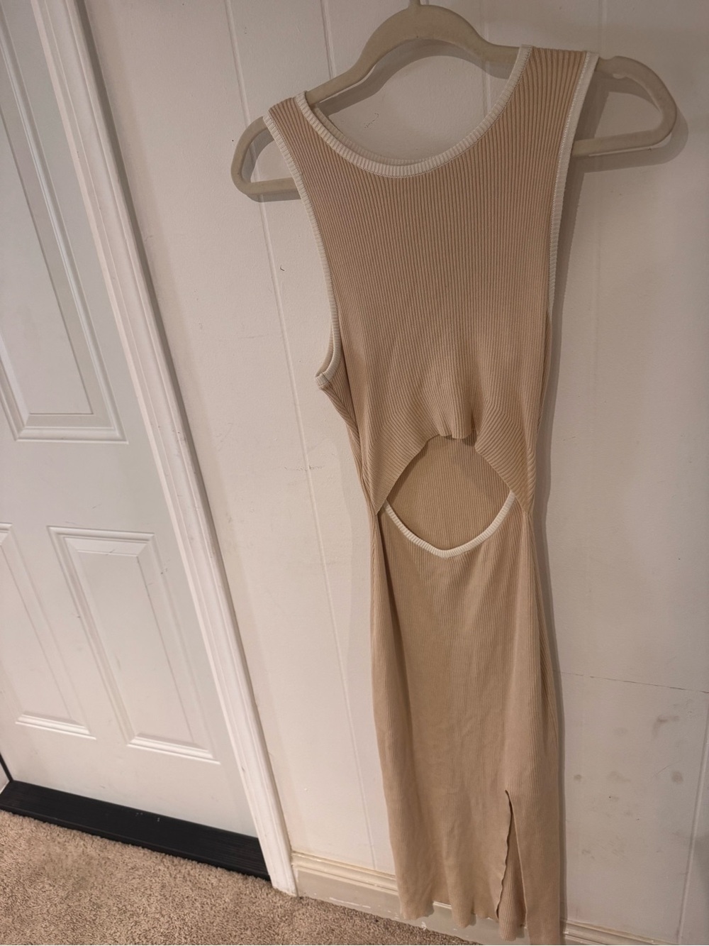 Tank Ribbed Sleeveless Cutout Midi Dress in Beige